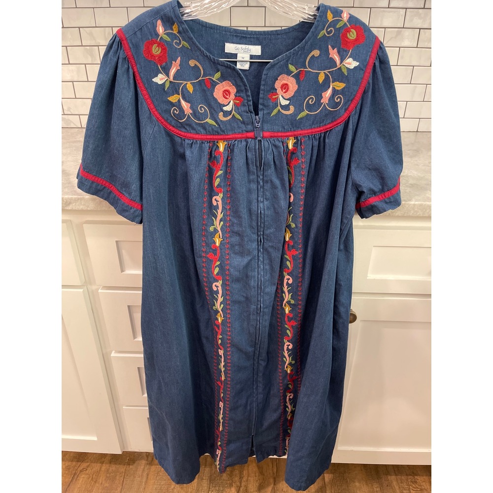 Go Softly Patio Dress Women M Blue Floral Embroidered Cotton Zip Front Lounger